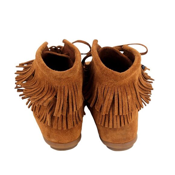 Minnetonka TAN BROWN GENUINE LEATHER SUEDE FLAT LACE ROUND TOE ANKLE BOOTS Sz 7 - Picture 3 of 9